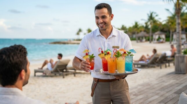 Smiling waiter serving colorful tropical cocktails on tray at beach bar with palm trees and ocean. Guest receiving drink at tropical resort. Hospitality and vacation service.