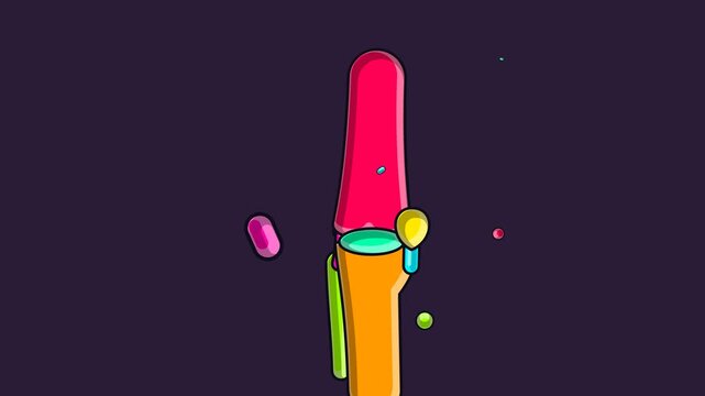Colorful stylized 2d animation of a bending knee joint with floating particles on a dark background, illustrating human anatomy and leg articulation