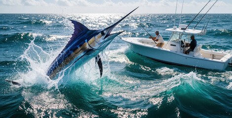 Obraz premium Fisherman battles massive blue marlin on motorboat in deep ocean. Huge sailfish jumps out of water with big splash. Man holds fishing rod fighting powerful sea animal. Extreme sport fishing action
