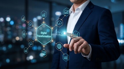 Obraz premium Professional businessman interacting with digital transformation data interface in dark office