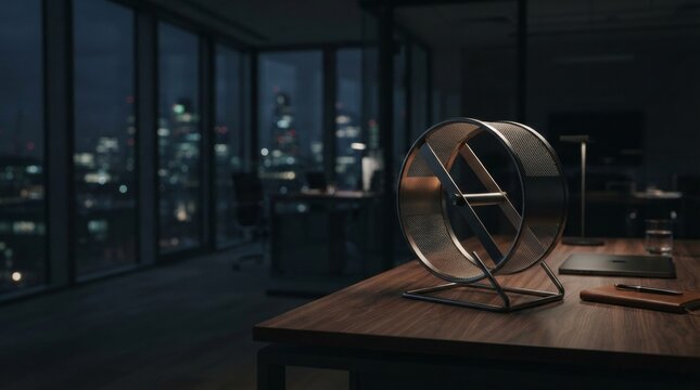 Hamster wheel on wooden desk in dark office at night with city skyline in background. Workplace with laptop and notebook. Corporate rat race and daily routine concept. Work life balance.