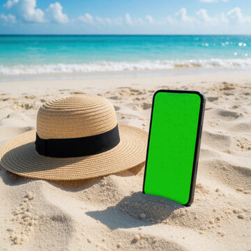 Smartphone with green screen mockup stands in sand next to straw hat. Tropical ocean background with blue water, clouds. Summer vacation concept for mobile app advertising social media posts. Travel,
