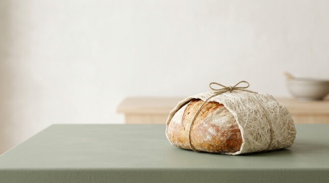 Loaf of sourdough bread wrapped in beige linen cloth tied with twine on green table in bright kitchen. Artisan bakery product presentation. Fresh baked bread, zero waste kitchen