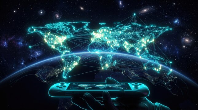 Global Mobile Gaming Concept with Digital World Map and Network Connections over Handheld Device in Deep Space