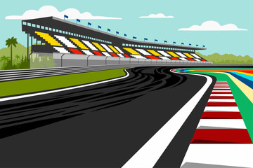 Fototapeta premium Racing track corner with empty grandstands illustrated in vectors