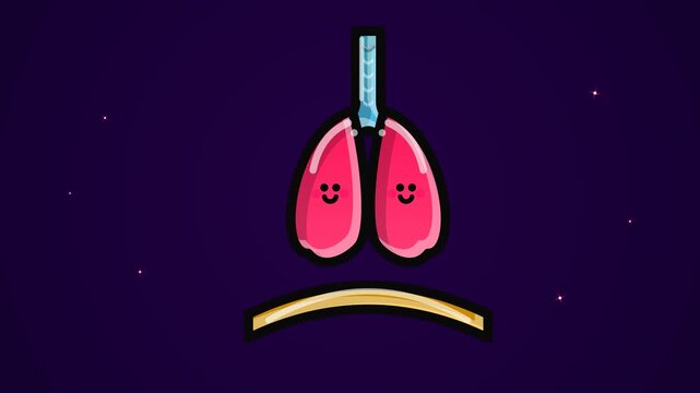 Cute cartoon animation of human lungs with a happy face breathing in and out against a starry night background, representing respiratory health and anatomy