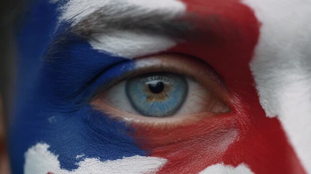Extreme macro photorealistic footage of a fictional adult male football supporter's eye, vibrant cyan blue iris with England flag face paint