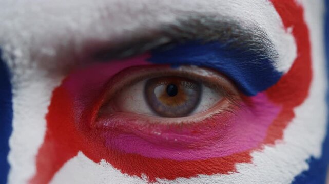 Extreme macro photorealistic footage of a fictional adult male football supporter's eye, deep brown iris with England flag face paint
