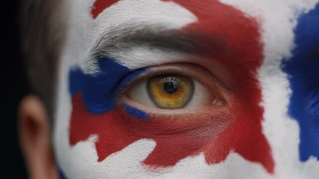 Extreme macro photorealistic footage of a fictional adult male football supporter's eye, vivid yellow hazel iris with England flag face paint