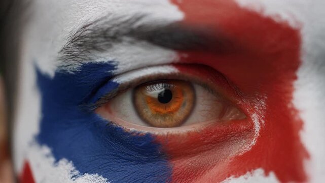 Extreme macro photorealistic footage of a fictional adult male football supporter's eye, rich amber iris with England flag face paint