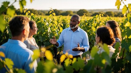 Obraz premium Male winery guide explains grape growing process to small tourist group in sunlit vineyard. Guests hold wine glasses, listen to presenter among green vines. Agricultural education, rural tourism