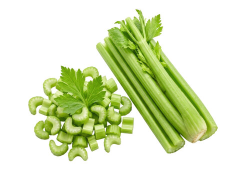 Fresh Celery Stalks and Chopped Pieces Ready for Cooking.