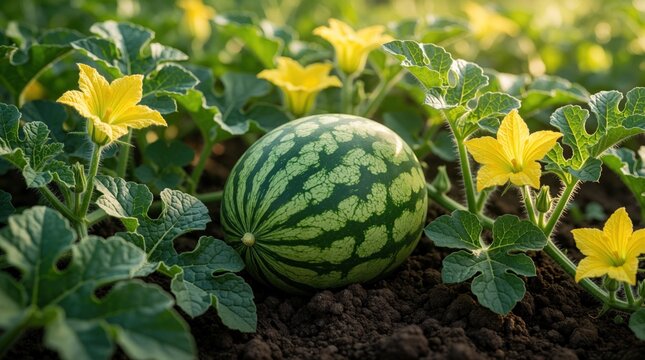 Small watermelon grows in garden soil among green leaves, yellow flowers. Organic melon plant develops on vine in sunny field. Fresh summer fruit matures in rural farm backyard plantation under