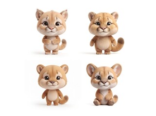 Obraz premium Cute 3D Mountain Lion Character in Standing and Sitting Poses Isolated on White Background, Generative AI illustrator
