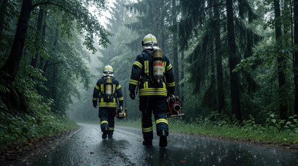Fototapeta premium Two pro firefighters walk down wet forest road after storm. Rescuers in protective gear carry heavy equipment through rain. Emergency team performs disaster recovery mission in dark woods. Men