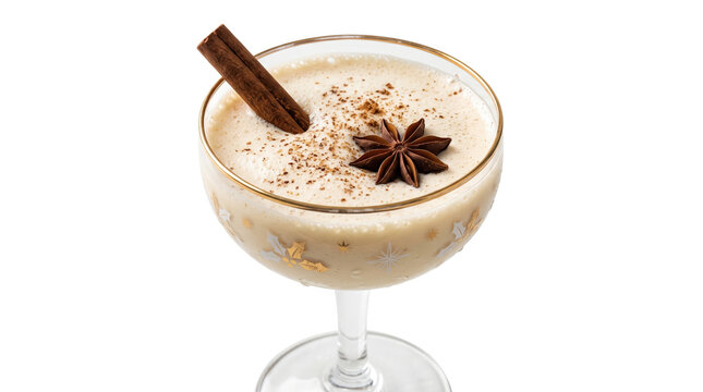 Creamy Eggnog Cocktail with Cinnamon Stick and Star Anise Garnish Isolated on White Background