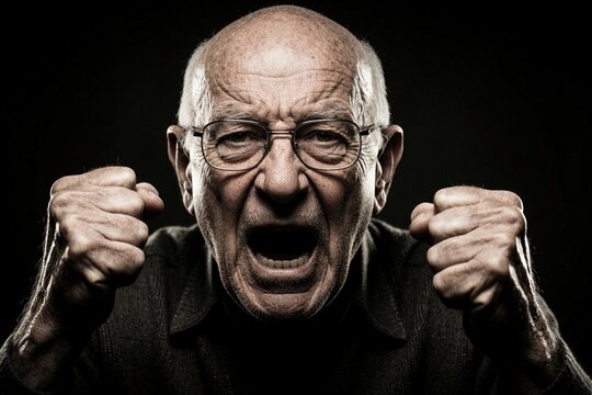 Angry senior man shouts with clenched fists. Mature caucasian male expresses intense rage, frustration. Old person screams in anger against black background. Grumpy elderly businessman shows