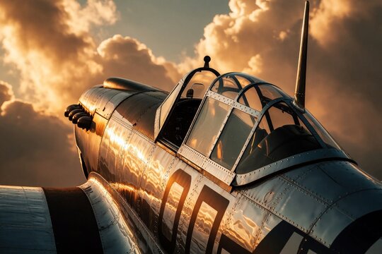 Vintage military aircraft cockpit detail against dramatic sunset clouds. Retro fighter plane metal fuselage with rivets, glass canopy. Classic aviation history, old engine machinery. Historical