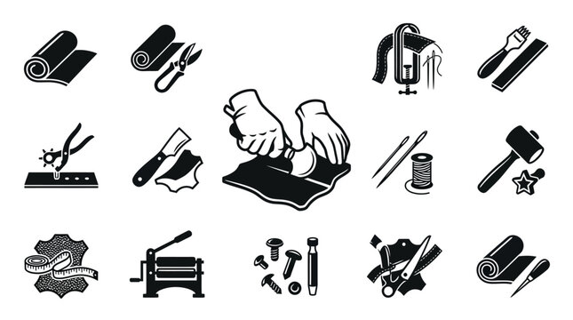 Leatherworking Tools and Craftsmanship Icons Set.