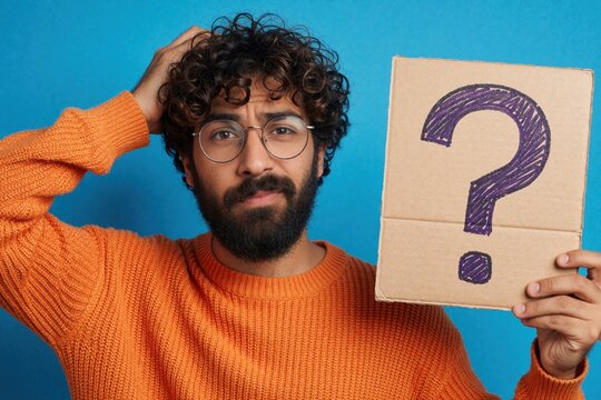 Young bearded man with glasses looks confused. Holds cardboard sign with big purple question mark. Man scratches head thinking about problem solution. Confused person expresses doubt, uncertainty