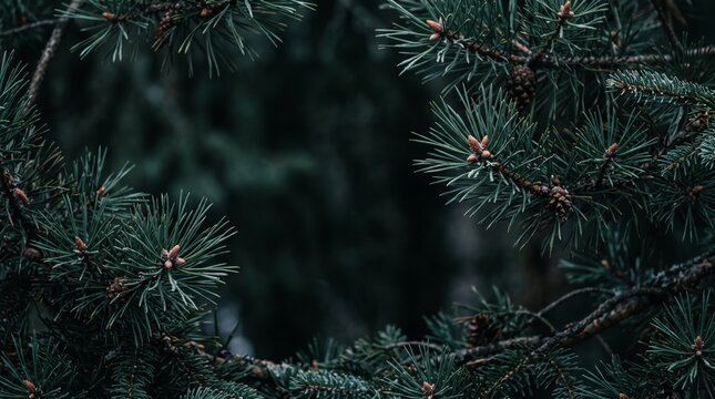Beautiful Christmas Background with green pine tree brunch close up. Copy space, trendy moody dark toned design for seasonal quotes. Vintage December wallpaper. Natural winter holiday forest backdrop