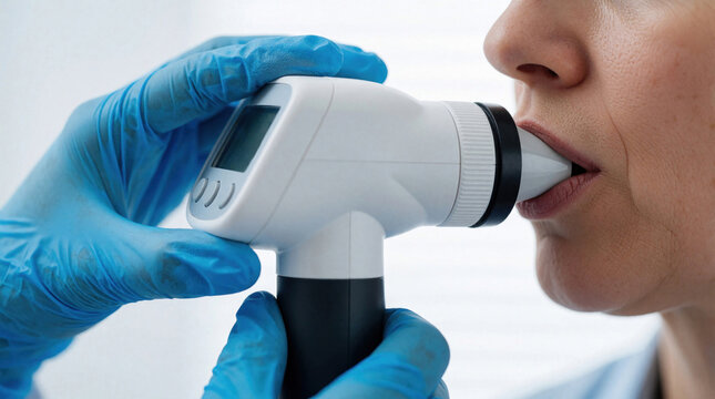 Clinician uses spirometer device on patient mouth. Medical check up monitors lung function and breathing ability. Testing equipment measures respiration for health assessment.