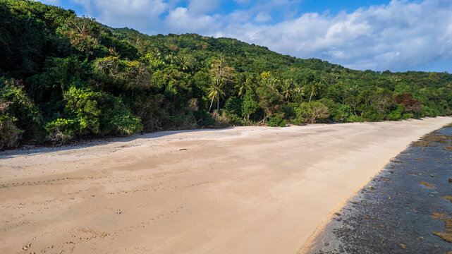 Aerial view of a pristine sandy beach bordered by a dense tropical forest and rocky coastline under a bright sky in Bajawa, Nusa Tenggara Timur, Indonesia.