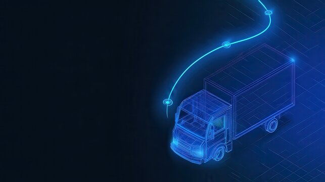 Glowing blue wireframe delivery truck on digital grid on transparent background