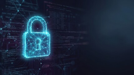 Fototapeta premium Glowing abstract digital padlock on dark background with data network, cybersecurity concept with copy space.