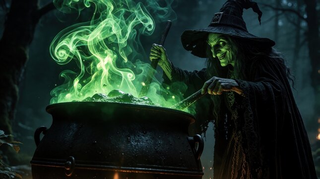 Creepy witch with green glowing eyes stirs magic potion in large black cauldron. Dark sorceress brews mystical emerald liquid in forest. Fantasy character prepares spooky spell with swirling green
