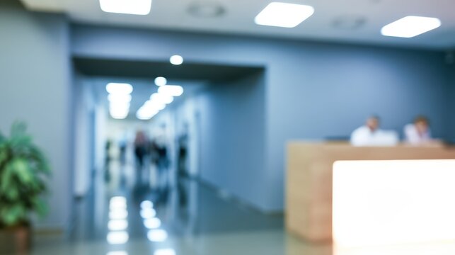 Blurred interior view of a modern reception area with hallway on transparent background