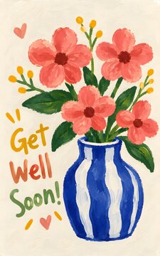 Warm watercolor greeting card design with a colorful flower bouquet and a get well soon message.