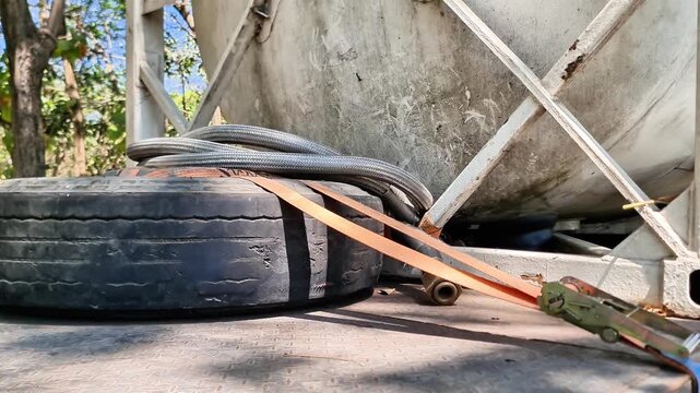 Old Worn Spare Tire Secured with Orange Ratchet Strap on Metal Diamond Plate Truck Bed