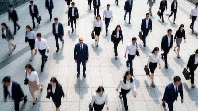 High angle view of busy business professionals walking across urban plaza. Crowds of people in corporate suits commute through downtown financial district. Pedestrians move fast on stone pavement