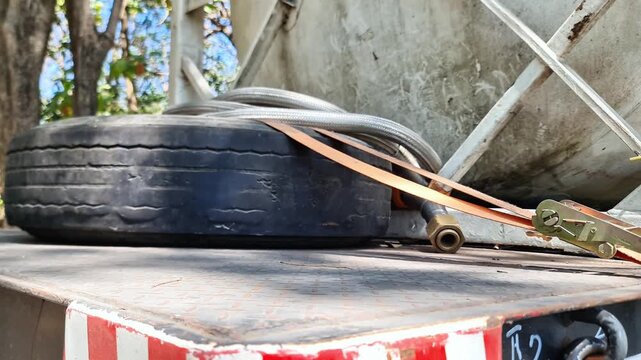 Heavy Duty Spare Truck Tire Secured with Ratchet Strap on Industrial Metal Diamond Plate Flatbed