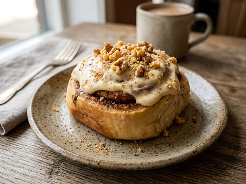 Freshly baked cinnamon roll topped with creamy frosting and chopped walnuts on a rustic plate.