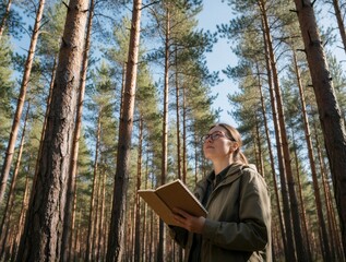 Fototapeta premium Young woman holds open notebook in tall pine forest. Female researcher looks up at trees during field study. Scientist observes nature in sunlit woodland writing notes in sketchbook. Biology student