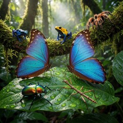Fototapeta premium Colorful blue butterflies rest on green leaves in tropical rainforest. Small frogs, beetle, stick insect, tarantula live in jungle ecosystem. Macro view of wildlife biodiversity with vibrant insects,