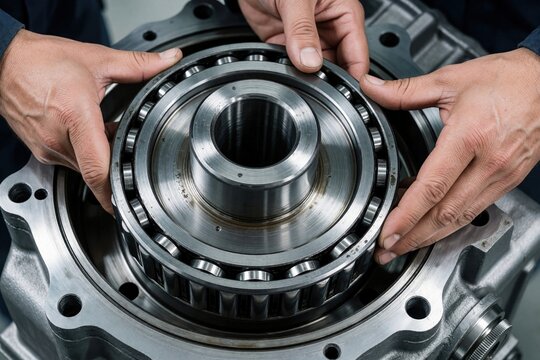 Technician hands install large circular roller bearing onto steel shaft inside heavy duty gearbox housing. Pro mechanic performs assembly maintenance on industrial machinery component. Close up of