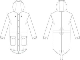 Technical flat sketch of a long waterproof rain jacket with hood adjustable drawstring fishtail hem and functional snap pockets © MdParves