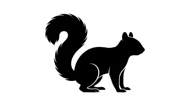 Squirrel silhouette facing right with a bushy curved tail standing on all fours against a plain white background, great for woodland themed vector designs and nature illustrations.
