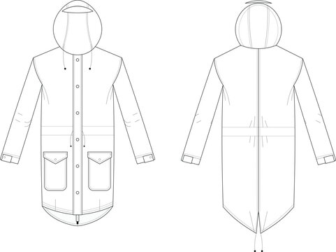 Technical flat sketch of a long waterproof rain jacket with hood adjustable drawstring fishtail hem and functional snap pockets