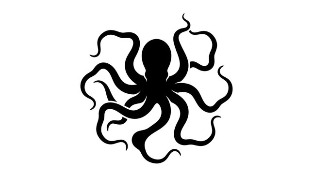 Octopus silhouette showcasing curly tentacles and a compact head depicted in a decorative circular arrangement on a plain white surface.