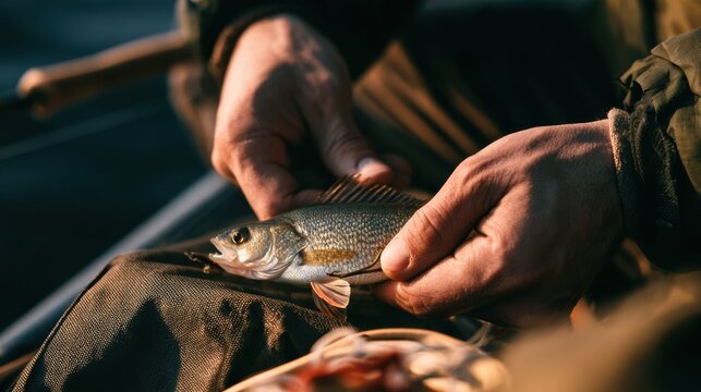 Hands of a fisherman carefully remove a hook from a freshly caught fish while sitting by the river in natural daylight.