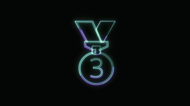  3rd Place Medal Icon Neon Seamless Loop 4K with Black Background Animated Promotional Typography for Video Editing