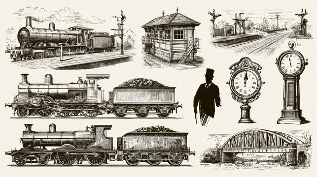 A collection of hand drawn engravings showing a steam locomotive, railway station, signal box, clocks, and silhouettes of a station master.