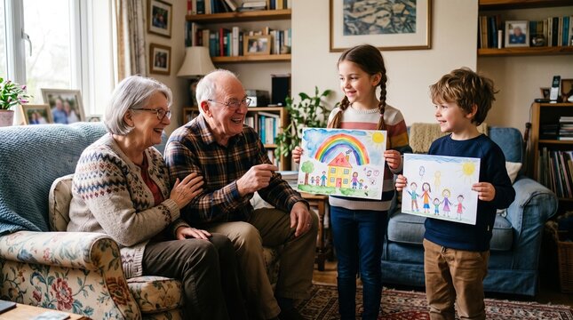 Grandparents admire children's artwork: A loving set of grandparents smile as their two grandchildren proudly display their colorful drawings of a house with a rainbow and stick figures.