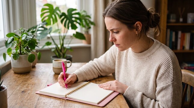 Focused Mind: A young woman sits at a wooden table, deeply engrossed in writing in a notebook, surrounded by lush houseplants, her concentration evident as she works.