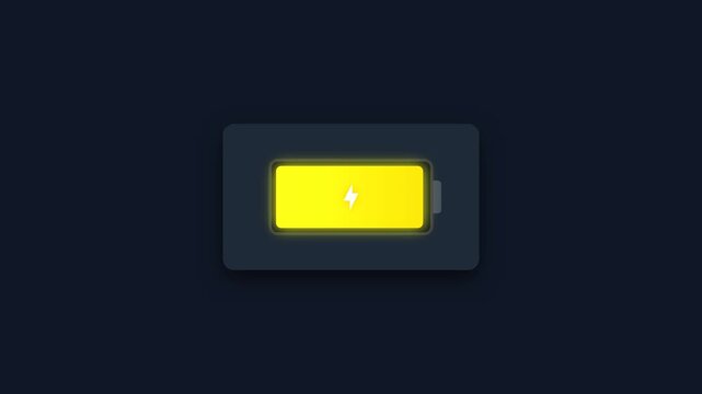 Battery charging animation loop, showing power level increasing and decreasing with a lightning bolt symbol on a dark background. This digital interface icon represents device power status.