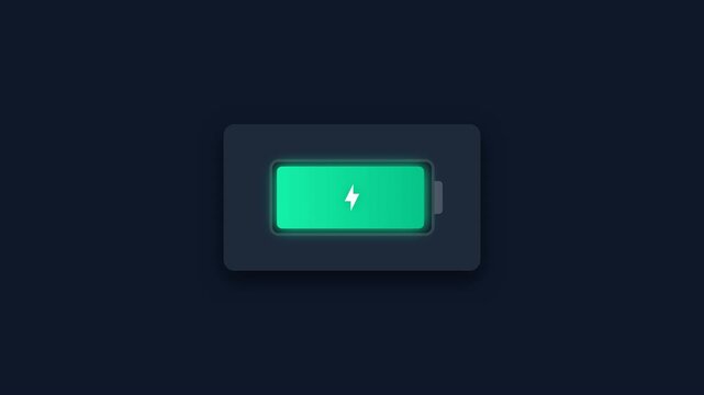 Battery charging animation loop on dark background, digital power indicator showing energy level increasing, modern electric device status display with lightning bolt symbol.